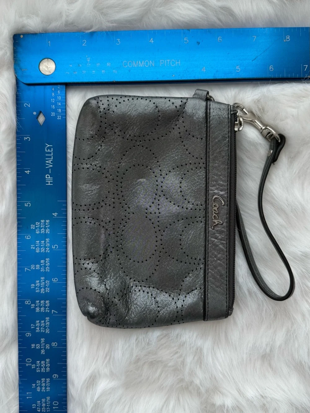 Coach Wallets Perforated Silver Metallic Leather Top Zip Detachable Wristlet